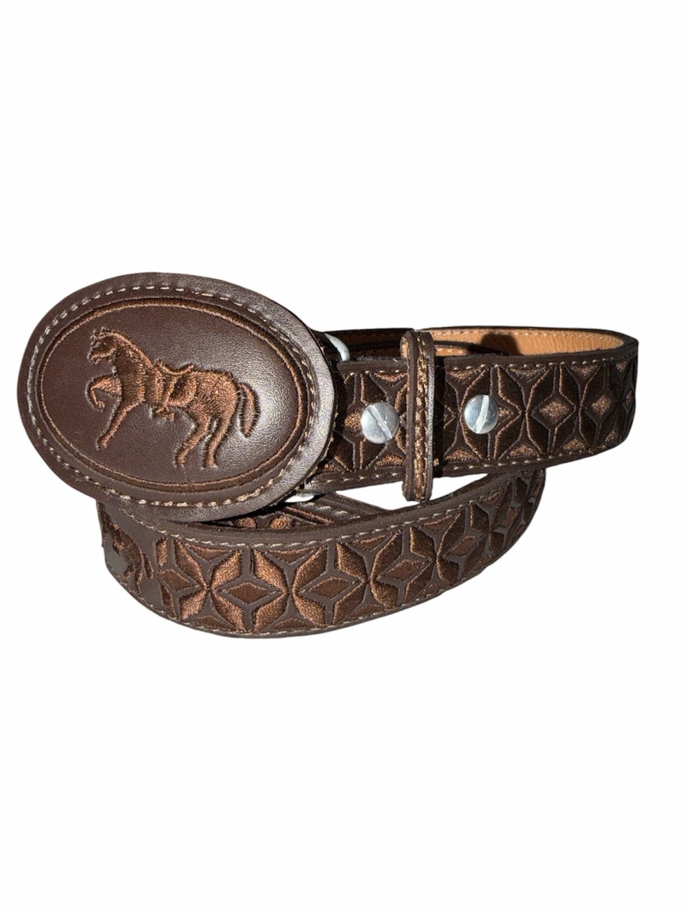 Mexican Charro Brown Embroidered Leather Men’s Belt with Horse Buckle